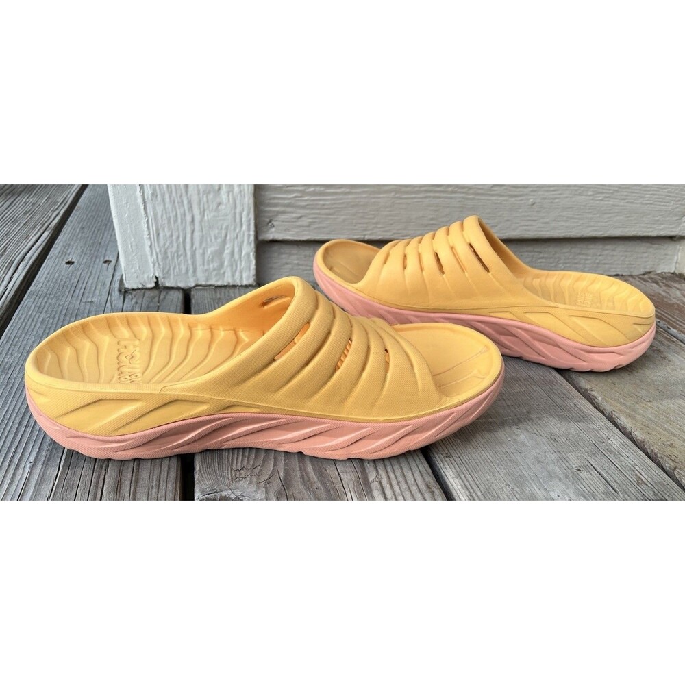 Hoka One One Ora Women's 11 Men's 9 Recovery Slides Amber Yellow/Shell Coral - Picture 9 of 15